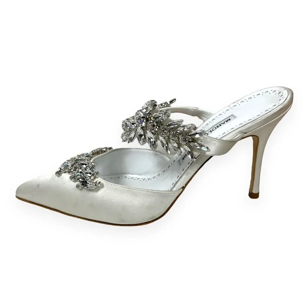 Manolo‎ Blahnik Lurum 90 Crystal-embellished White Satin Mules Heels Size 6.5